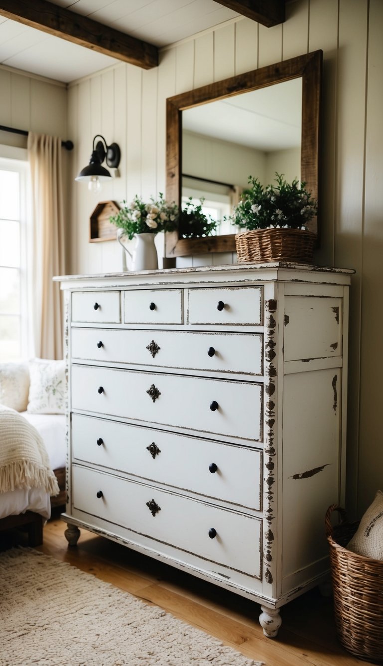 A distressed white dresser sits in a cozy country farmhouse bedroom, surrounded by rustic decor and soft, natural light