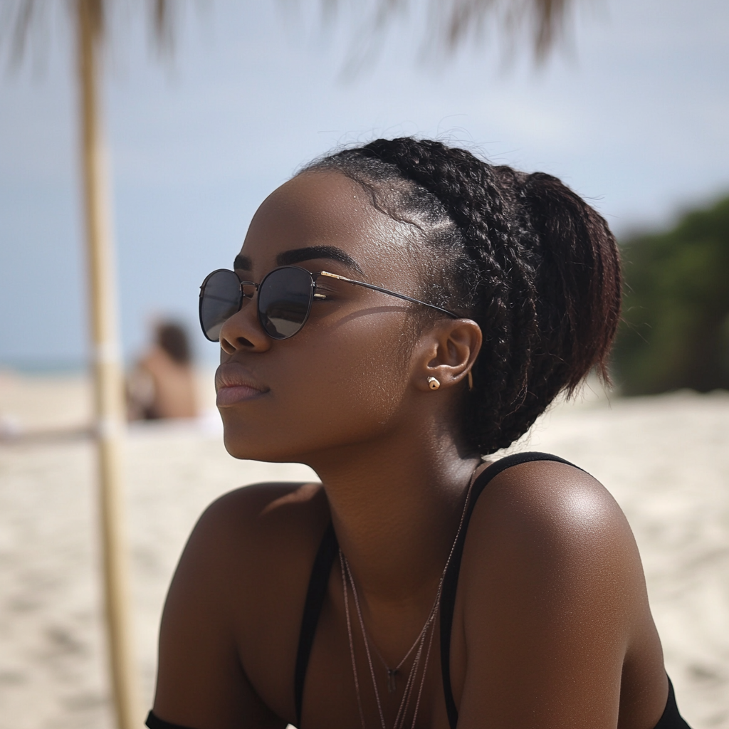 A woman squinting at the beach | Source: Midjourney