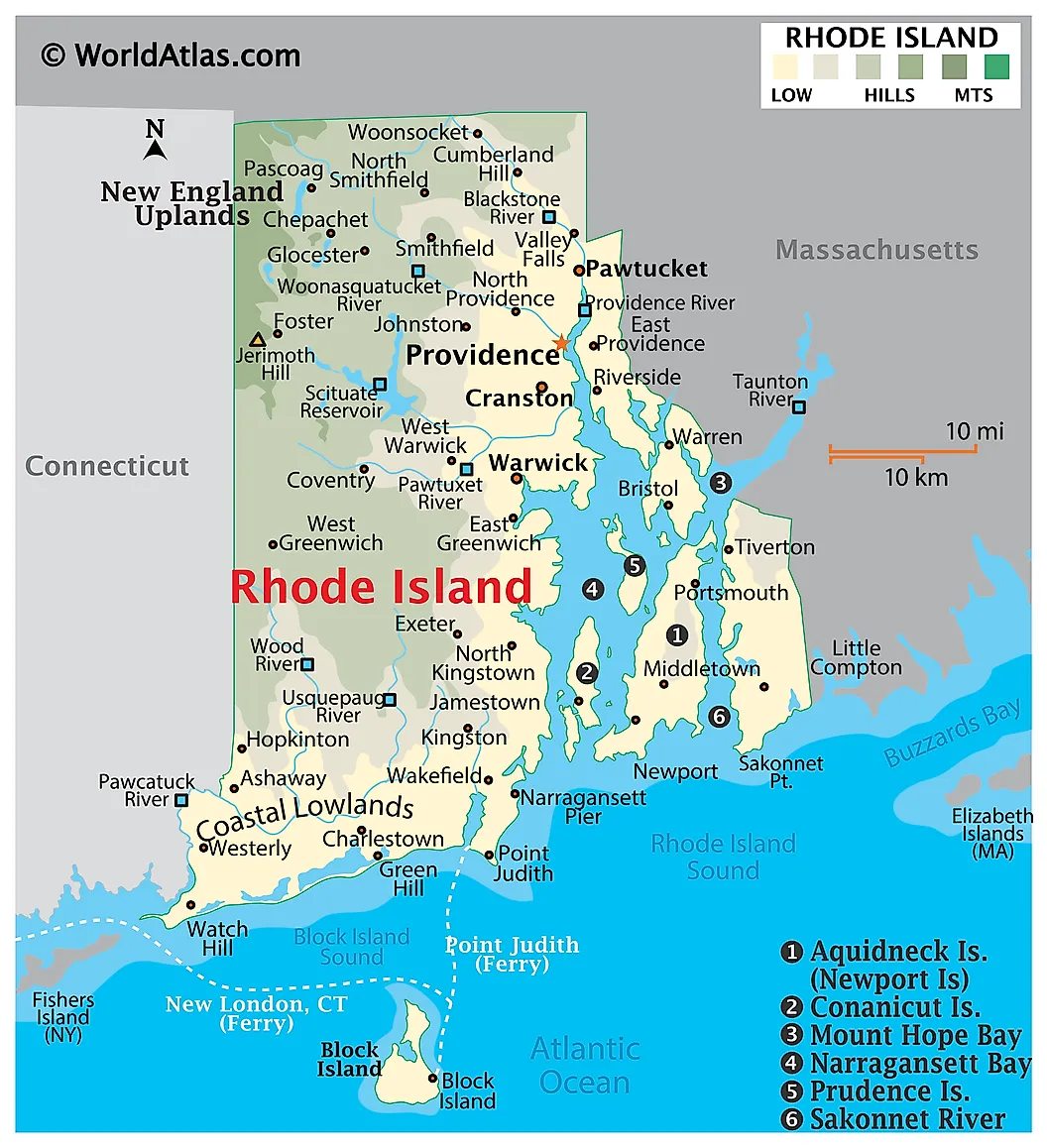 Map of Rhode Island showing its proximity to the Atlantic Ocean.