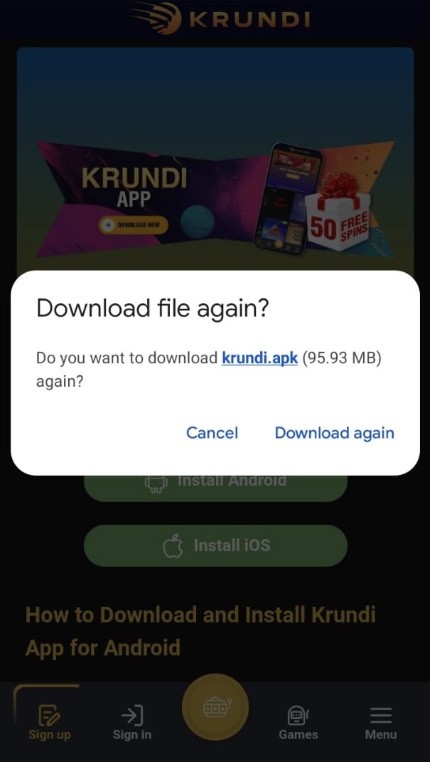Download APK button download the Krundi apk file