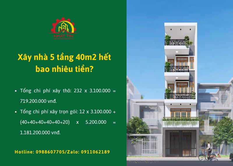 Xây nhà 5 tầng 40m2 hết bao nhiêu tiền Xây dựng Nhất Tín