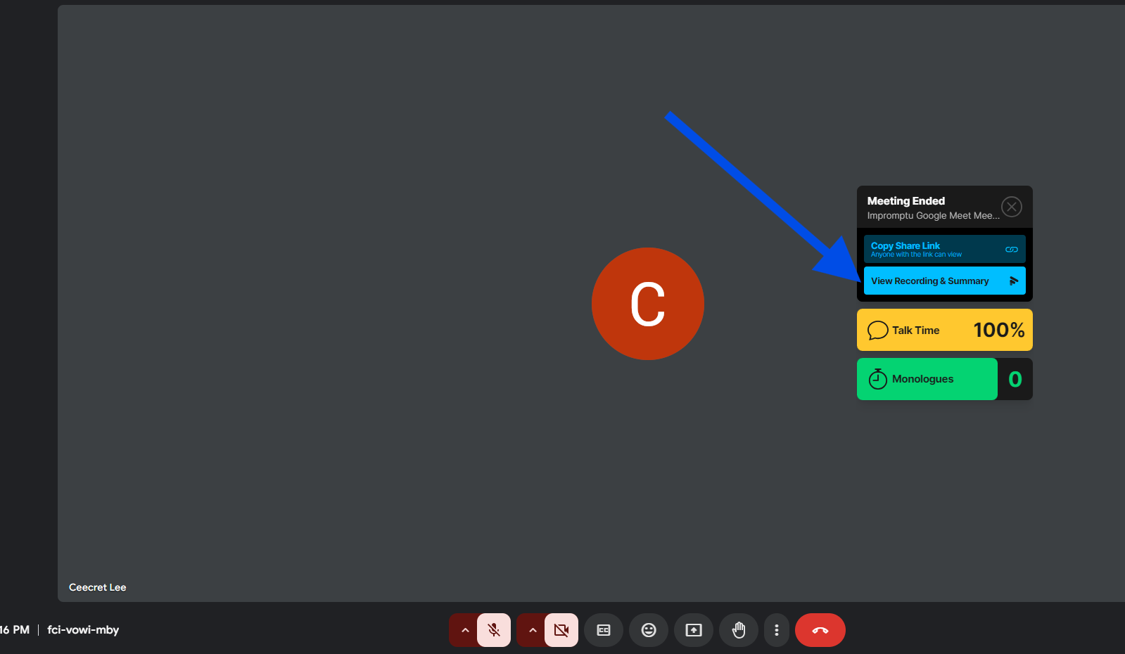 A screen showing options to view a meeting recording and summary, with a "View Recording & Summary" button.