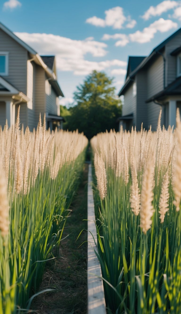 A row of tall grasses creates a natural privacy barrier between two houses, providing a sense of seclusion and tranquility