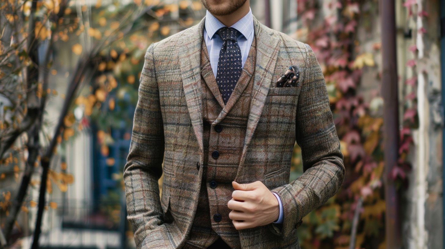 Man in a three-piece suit including vest, tailored fit with refined details, perfect for a wedding or upscale event, elegant venue backdrop.