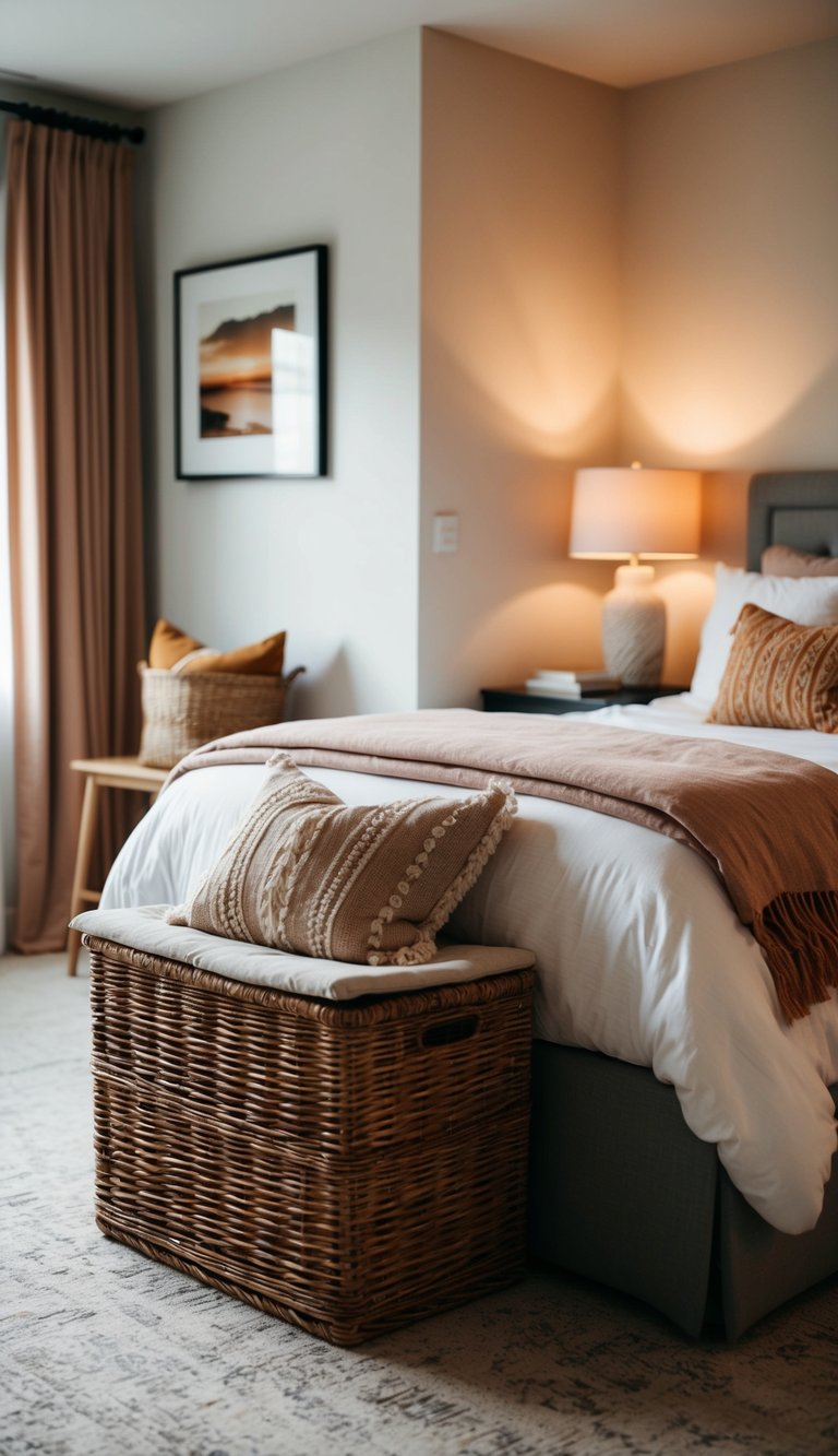 A cozy bedroom with wicker basket storage, soft lighting, and warm textiles