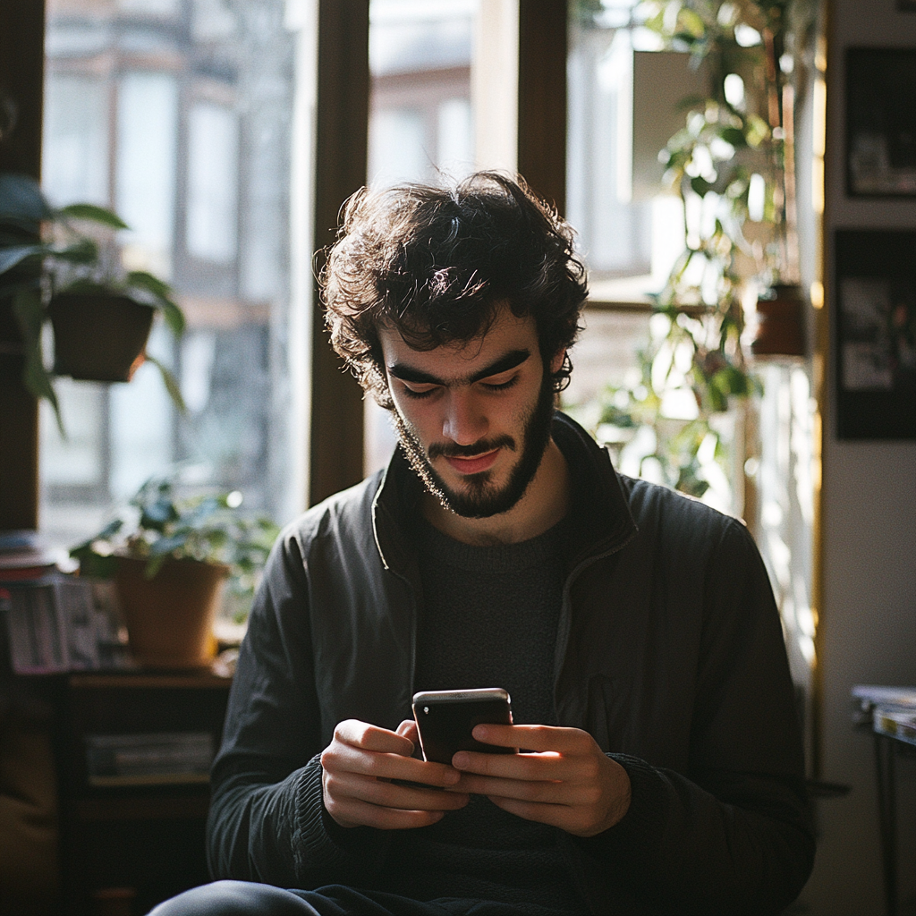 A man looking at his phone | Source: Midjourney