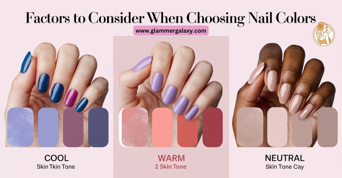 Chart of nail colors suited for cool, warm, and neutral skin tones with examples on hands.