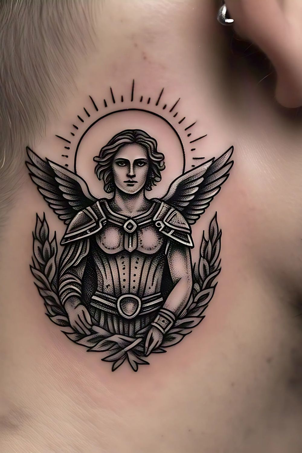 Saint Michael Tattoo on the Ear or Behind the Ear