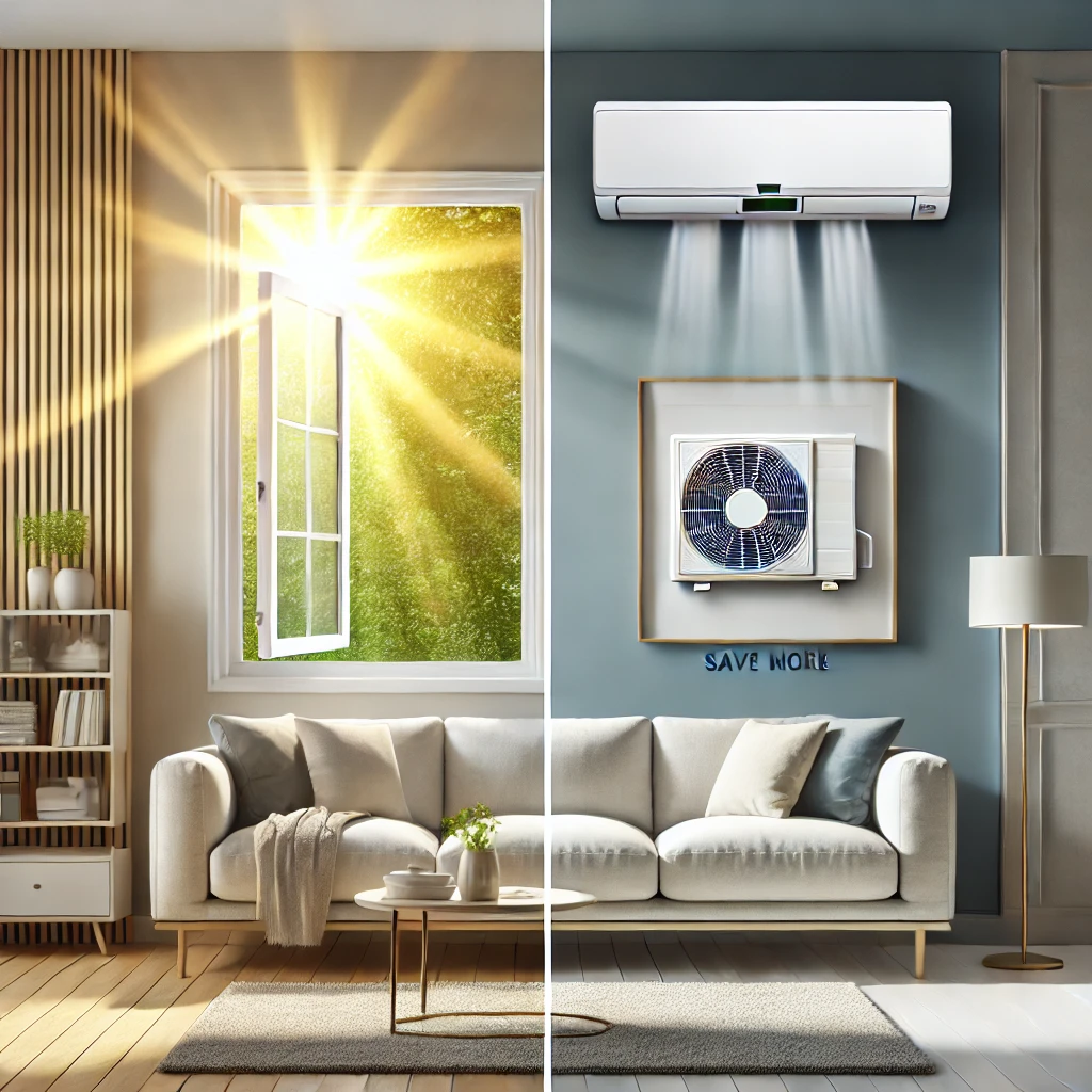 Side-by-side view of window and through-the-wall air conditioners in a sunlit room to compare cooling solutions.