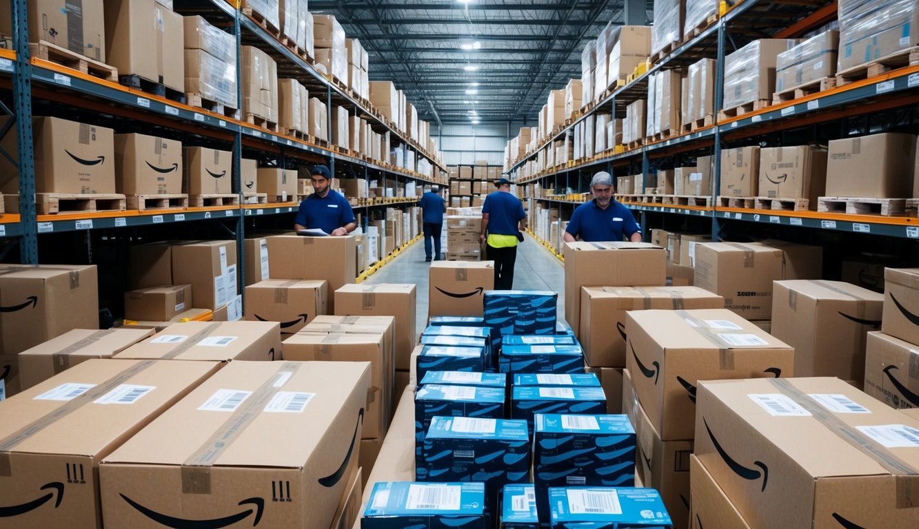 A bustling Amazon warehouse with various products being packaged and shipped, with workers moving about and stacks of boxes ready for delivery