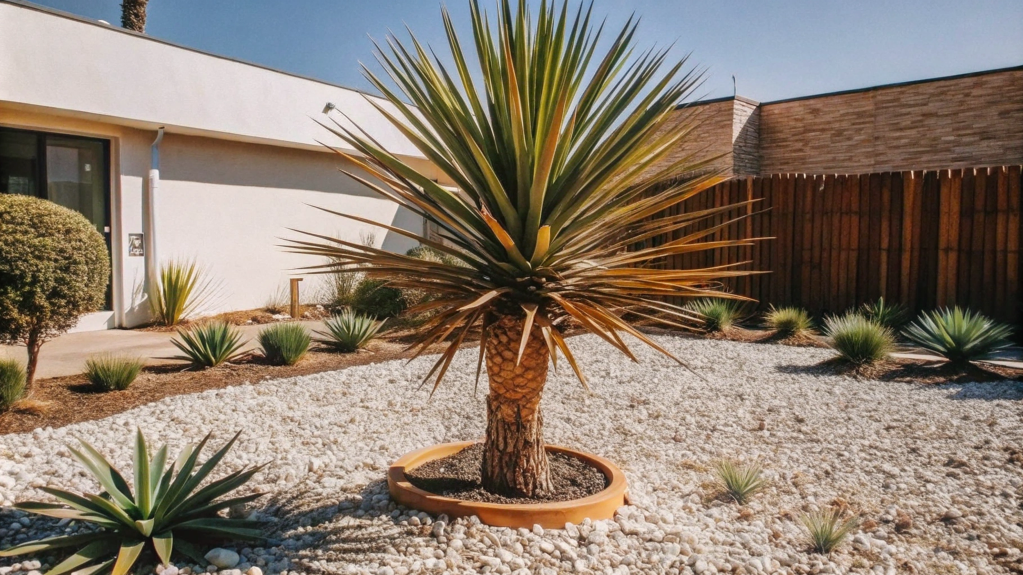 Plantas para Jardins Yucca elephantipes em jardim desértico e moderno, com solo arenoso e folhagem robusta.