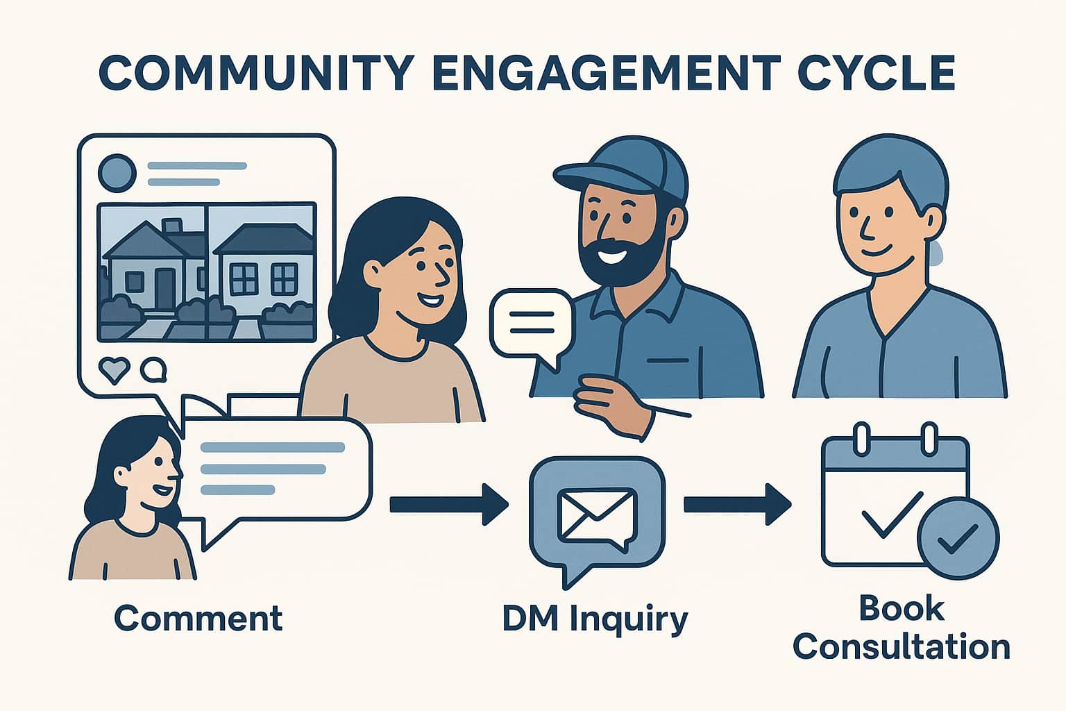 Social media engagement strategy for home improvement lead generation showing customer interaction leading to bathroom and kitchen remodeling leads.