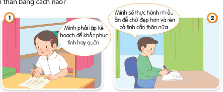 BÀI 9. PHÁT HUY ĐIỂM MẠNH, KHẮC PHỤC ĐIỂM YẾU CỦA BẢN THÂNKHỞI ĐỘNGCâu hỏi: Quan sát tranh và trả lời câu hỏi:Vì sao Thỏ rủ thi chạy còn Rùa lại rủ thi bơi?Em nhận ra bài học gì từ Rùa và Thỏ?Giải nhanh:Thỏ rủ thi chạy còn Rùa lại rủ thi bơi vì Thỏ có sở trường là chạy nhanh còn Rùa có điểm mạnh là bơi giỏi.Bài học rút ra: Chúng ta nên rèn luyện để phát huy điểm mạnh và khắc phục điểm yếu của bản thân.KIẾN TẠO TRI THỨC MỚICâu 1: Quan sát tranh và cho biết bạn nào trong tranh biết phát huy điểm mạnh, khắc phục điểm yếu?Giải nhanh:Các bạn trong tranh 1 và 3 biết phát huy điểm mạnh, khắc phục điểm yếuCâu 2: Các bạn trong tranh đã phát huy điểm mạnh, khắc phục điểm yếu của bản thân bằng cách nào?Kể thêm các cách khắc phục điểm mạnh, khắc phục điểm yếu của bản thân?Giải nhanh:Tranh 1: Lập kế hoạch.Tranh 2: Thực hành nhiều lần.Tranh 3: Tích cực phát biểu và vui chơi cùng bạn bè Tranh 4: Tham gia hội thi văn nghệ Một số cách khác để phát huy điểm mạnh, khắc phục điểm yếu của bản thân:Chủ động tham gia sinh hoạt hè, đi tình nguyện để trở nên hòa đồng, mạnh dạn hơn.Lập thời gian biểu hợp lí để ôn tập kiểm tra, khắc phục tính cẩu thả.LUYỆN TẬPCâu 1: Đưa ra lời khuyên để giúp bạn rèn luyện phát huy điểm mạnh, khắc phục điểm yếu?Giải nhanh:Tranh 1: Khuyên bạn có thể nhắc lại, sử dụng sơ đồ tư duy, ghi chú,...để nhớ tốt hơnTranh 2: Khuyên bạn nên mạnh dạn đăng kí tham gia câu lạc bộCâu 2: Xử lí tình huống:Giải nhanh:Tình huống 1: Em sẽ học cách để nhẫn nại hơn với em, cố gắng bình tĩnh để giải quyết vấn đề một cách nhẹ nhàng nhất.Tình huống 2: Em sẽ chăm chỉ luyện tập, kể cho người thân, nhờ cô giáo đánh giá và góp ý,...VẬN DỤNG