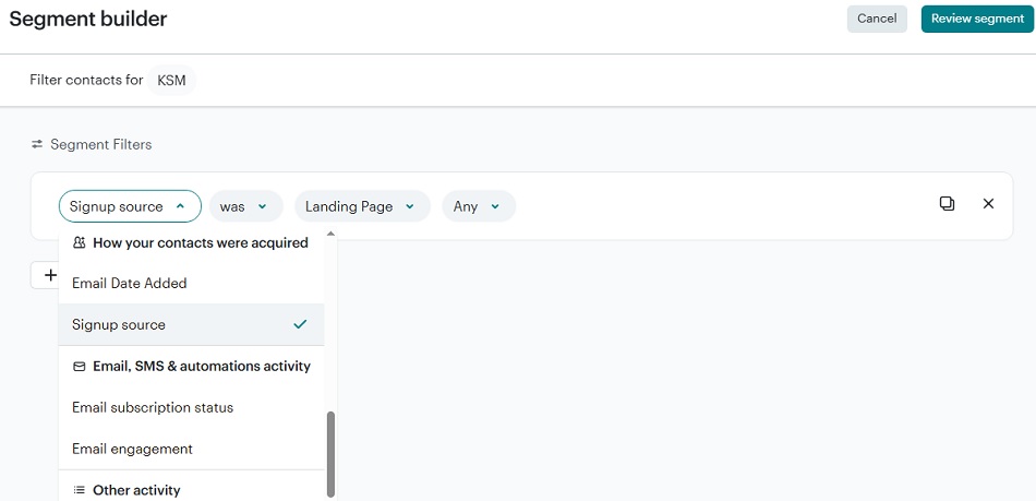 Mailchimp segment builder