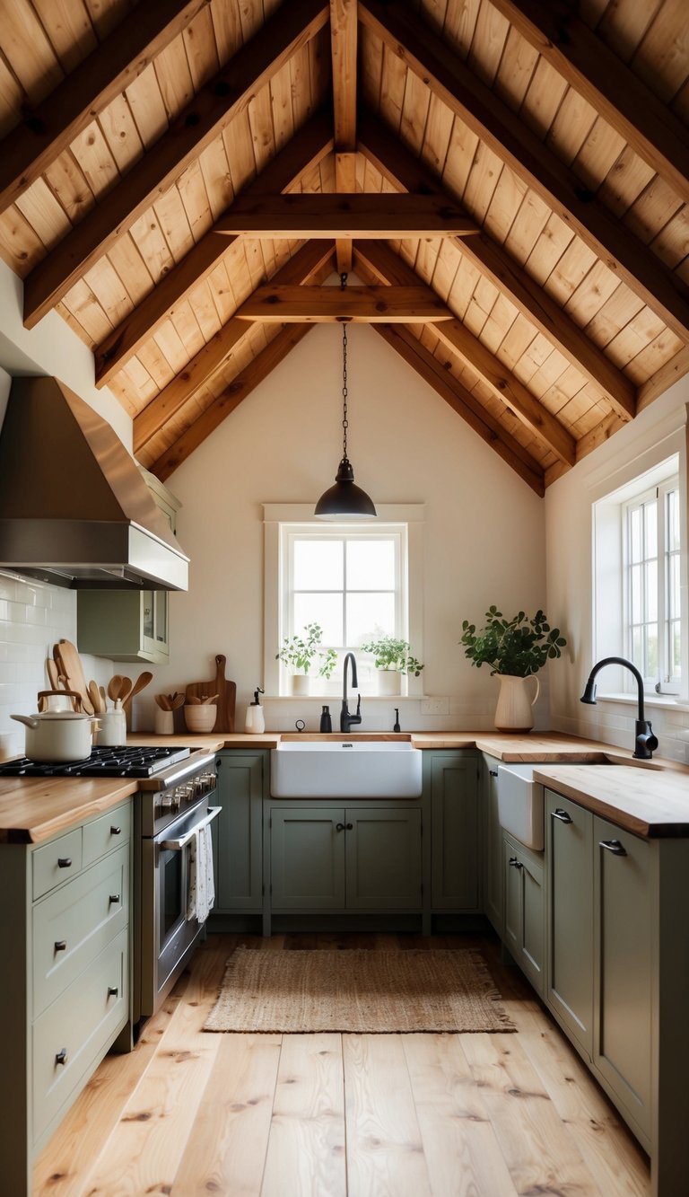 A rustic farmhouse kitchen with a high, sloped pine wood ceiling, creating a cozy and inviting atmosphere