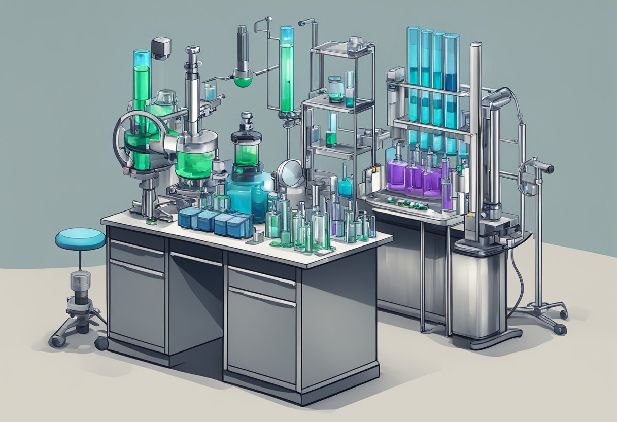 A laboratory setting with test tubes, microscopes, and scientific equipment, with a focus on a vial of InfinityChem's TB-500