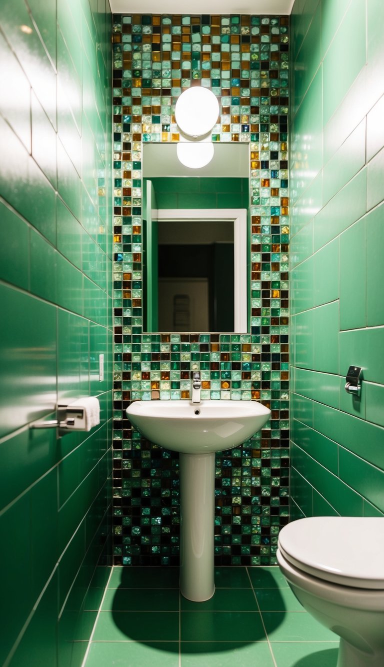 A green bathroom with walls adorned in recycled glass mosaic tiles