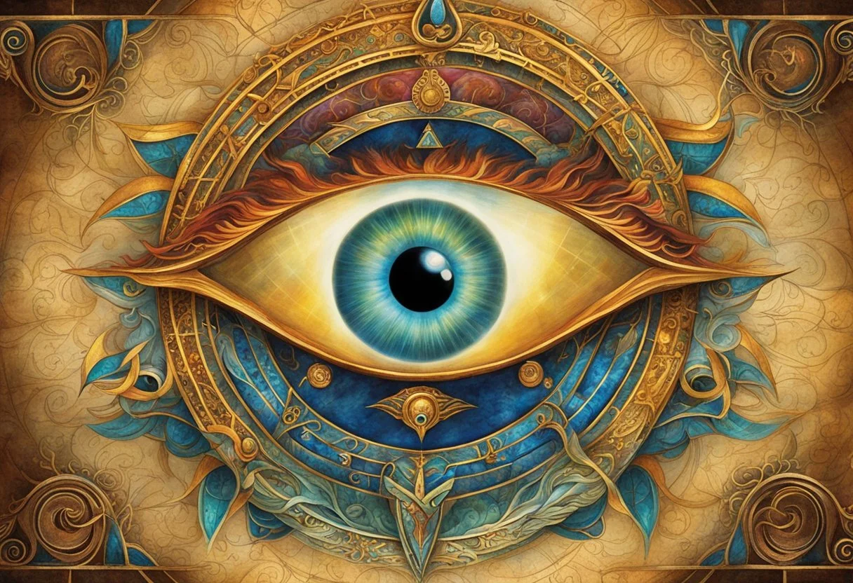 A protective symbol, the all-seeing eye, holds cultural influence. (Secret Power of the Self book, chapter 12) Illustrate the eye with symbolic significance