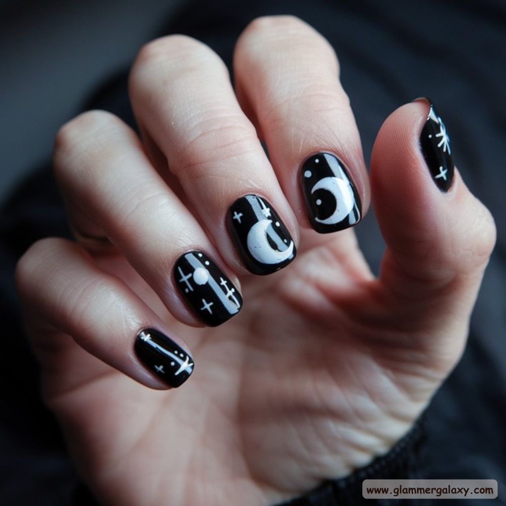 Black Fall Nails having Celestial Wonders
