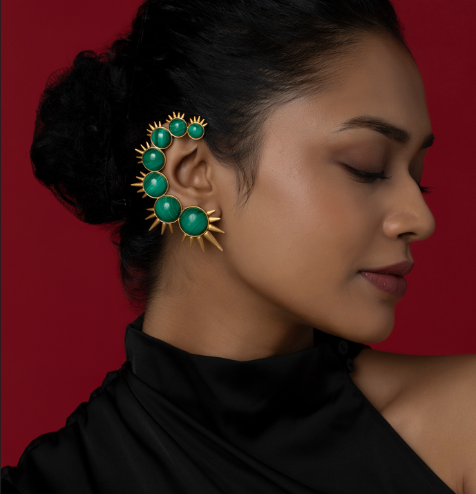 Exquisite Yellow Gold and malachite spiked ear cuffs | CKC Jewellers Online