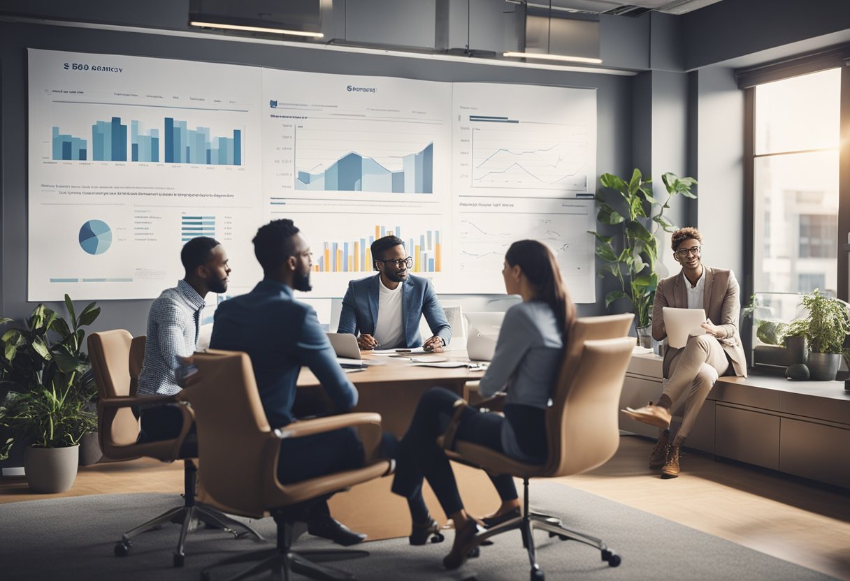 A group of diverse professionals brainstorming in a modern office, surrounded by charts and graphs, while discussing "How to Choose the Best SEO Agency for Your Business."