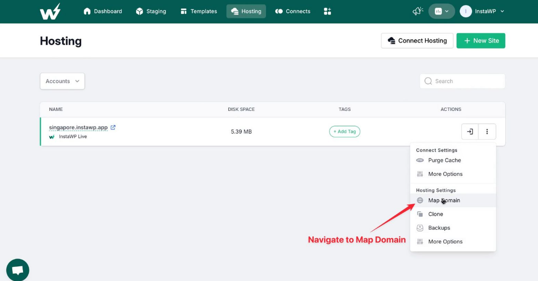 Select the map domain option on InstaWP. 