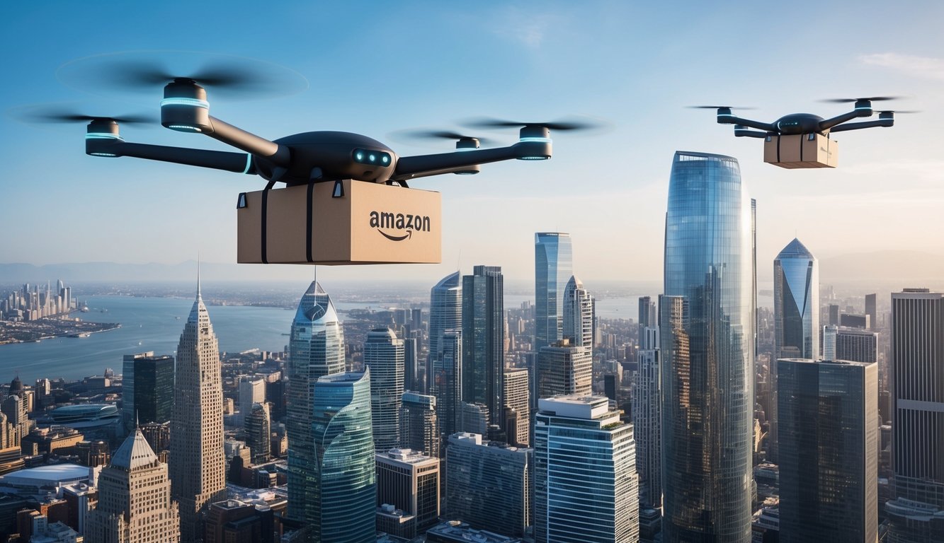 A bustling cityscape with futuristic Amazon Cosmo delivery drones zipping through the air, delivering packages to towering skyscrapers