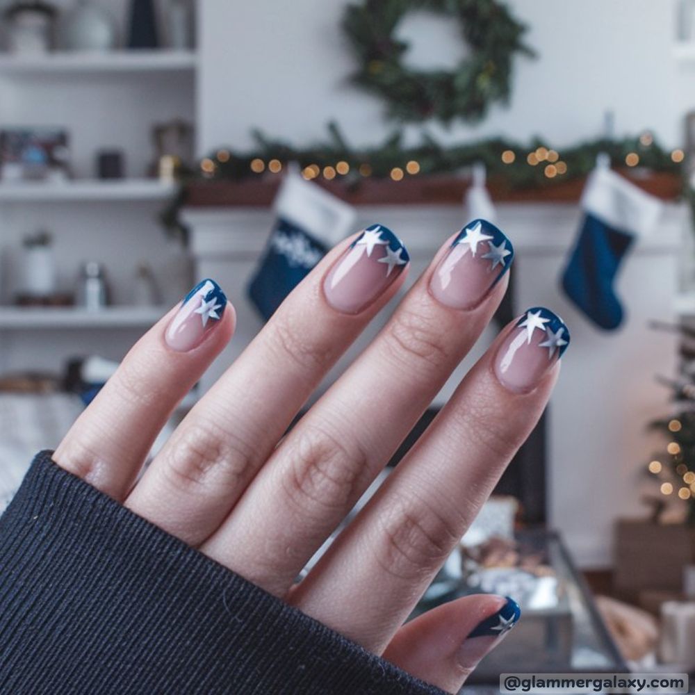 French Tip Christmas Nails having Royale Blue Elegance
