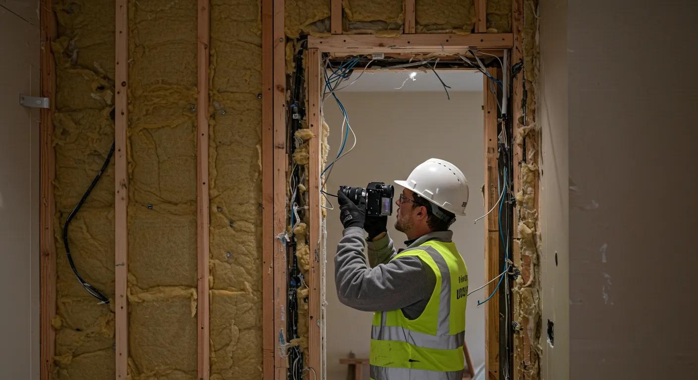 A construction worker inspecting wiring behind a partially rebuilt wall, with exposed framing, insulation, and wiring visible—showcasing structural and electrical restoration in progress.