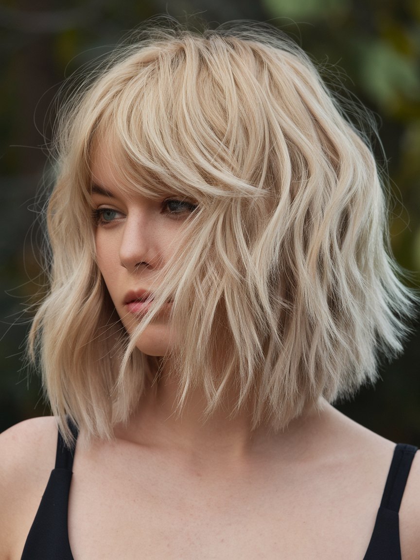 60. Icy Blonde Textured Wavy Bob