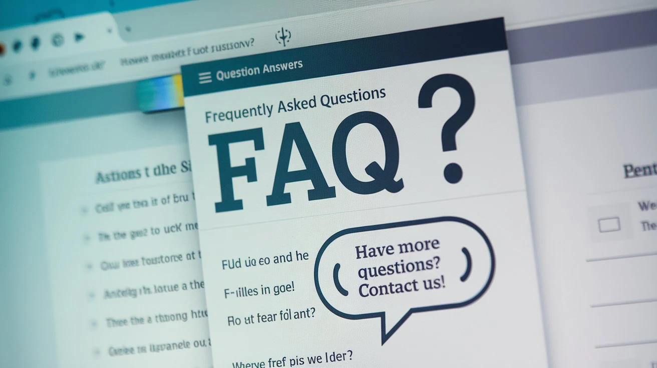 An illustrative graphic showing a web page featuring a prominent FAQ section, with question marks and speech bubbles.