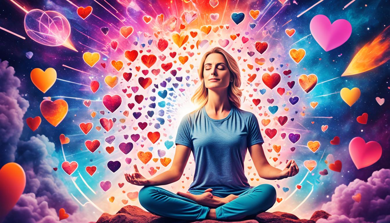 A visualization of someone meditating with a background that represents the universe or cosmic energy. The person is surrounded by images of hearts and arrows pointing towards one specific heart. The heart represents the person's crush, their obsession, while the arrows represent the manifestation of their thoughts and desires towards that person. Have the background be filled with vibrant colors and a sense of awe-inspiring wonder, as if the universe's power is palpable through the image.