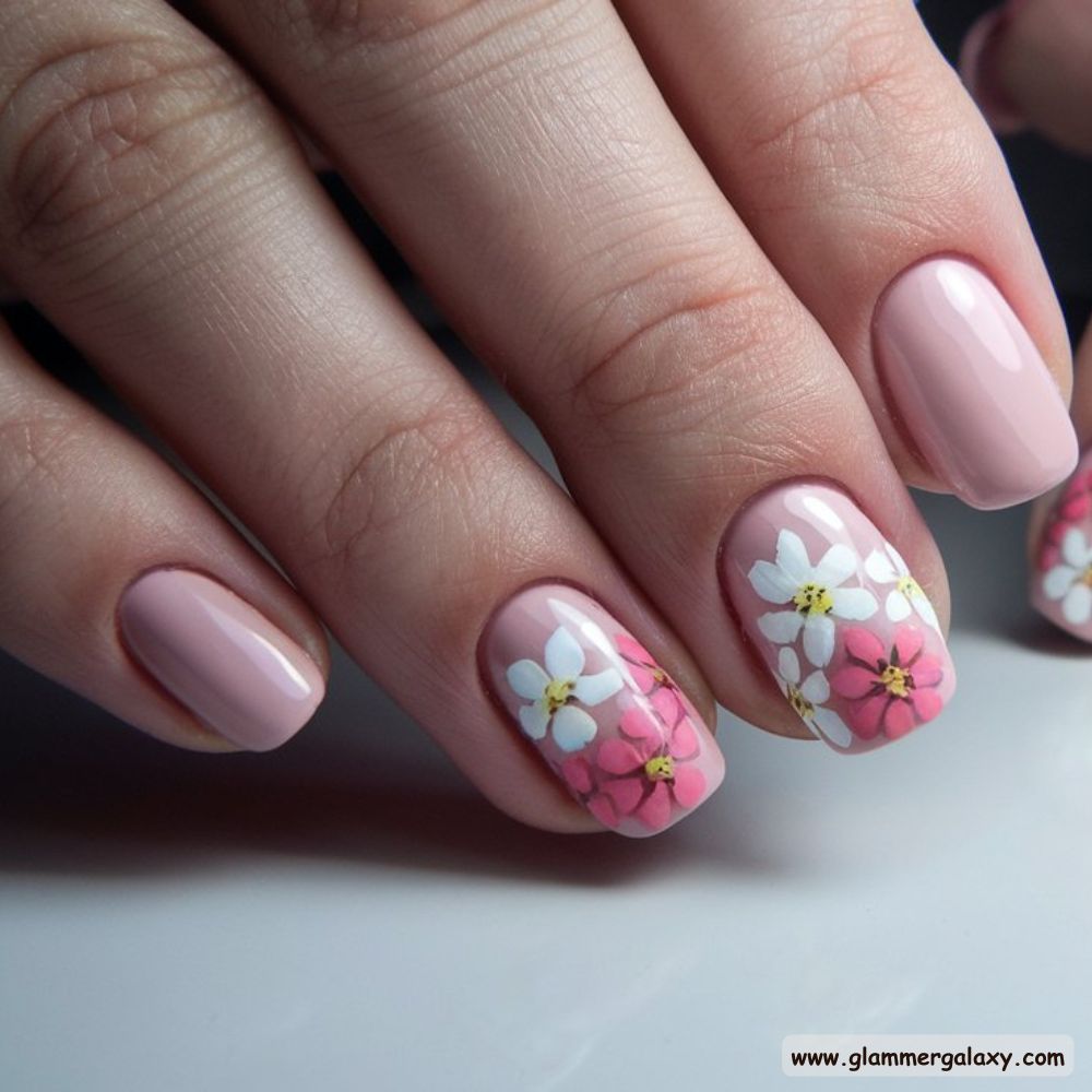 Neutral Nails having Floral Touch on Soft Pink
