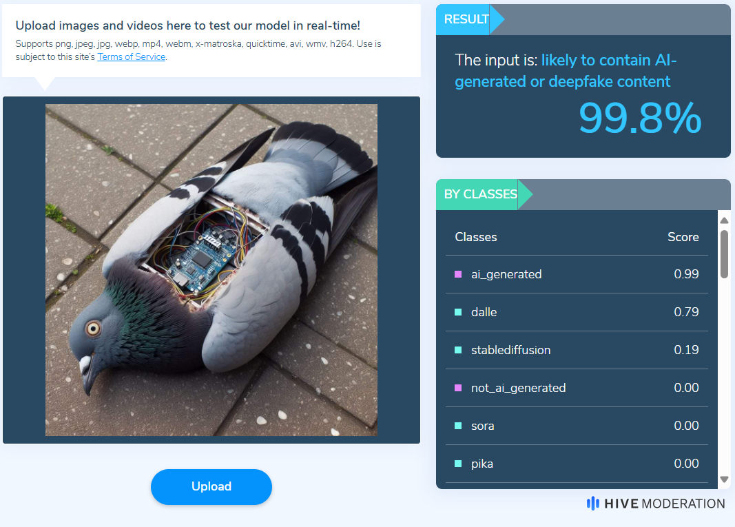 Hive Moderation' website shows a 99.8% probability that the image is AI-generated.