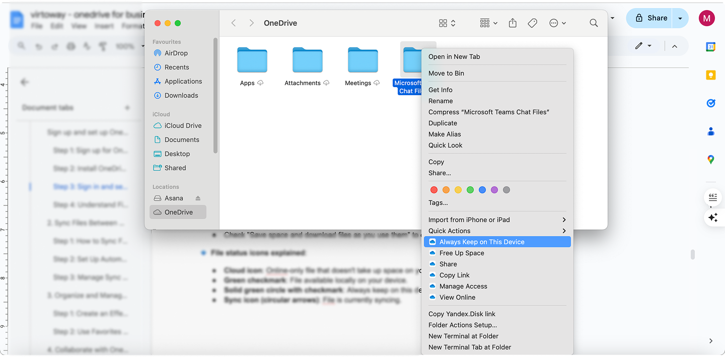 Pic. 6. Locating the “Always Keep on This Device” option for the OneDrive app for Mac.