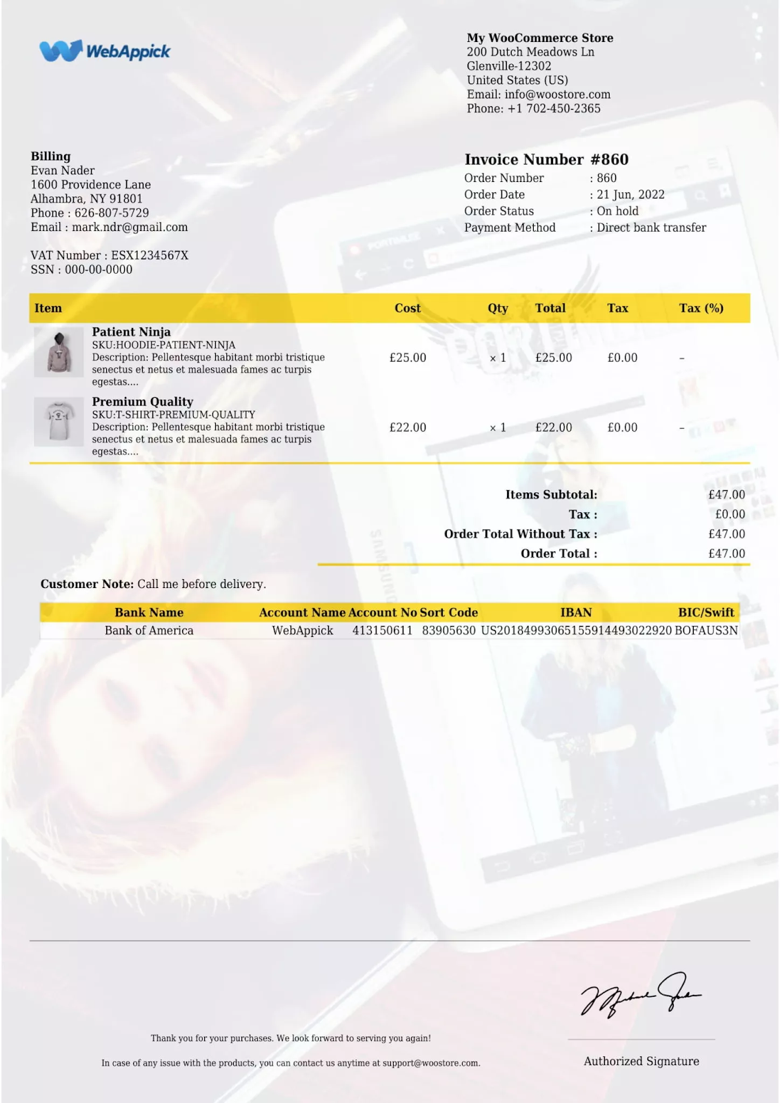 Customized invoice template with background image