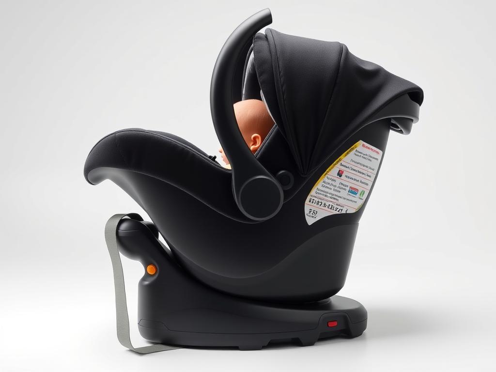 Infant car seat with base showing rear-facing position