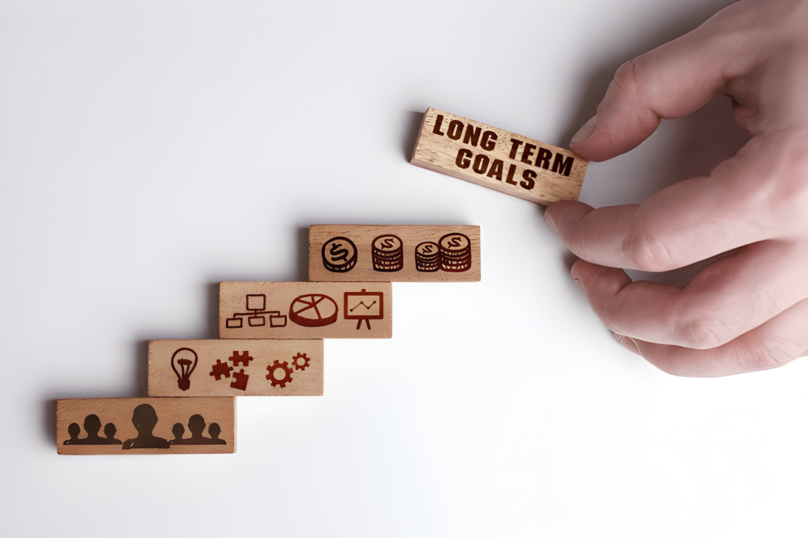 Hand placing a wooden block labeled 'Long Term Goals' at the top of a staircase of blocks, each with icons representing teamwork, financial growth, and strategic planning, symbolizing the support of long-term success.