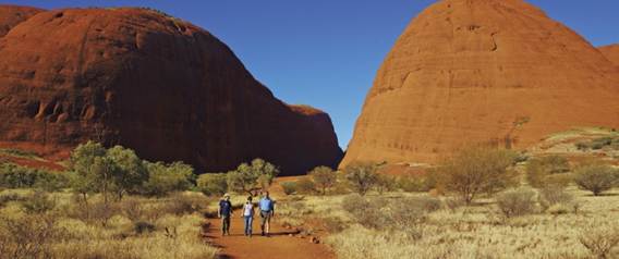 A group of people walking on a dirt path with Kata Tjuta in the background

AI-generated content may be incorrect.
