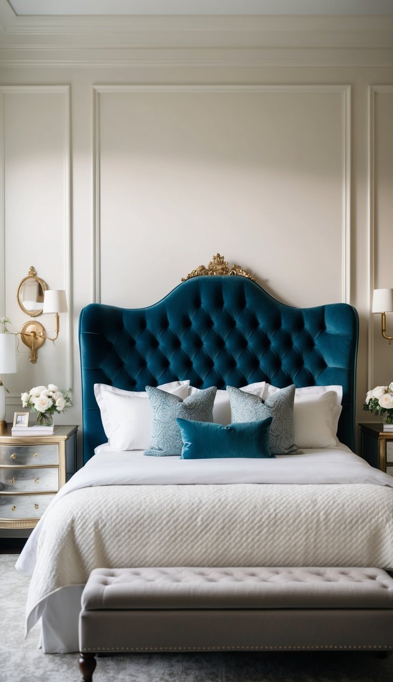 A luxurious velvet headboard stands against a wall in a sophisticated grown woman's bedroom, surrounded by elegant decor and soft lighting