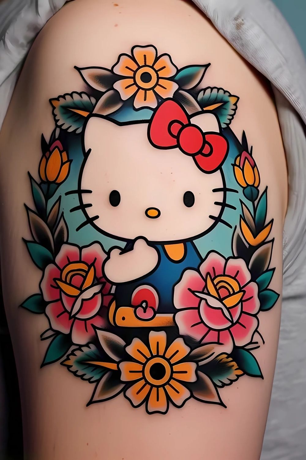 Hello Kitty Surrounded by Flowers Tattoo