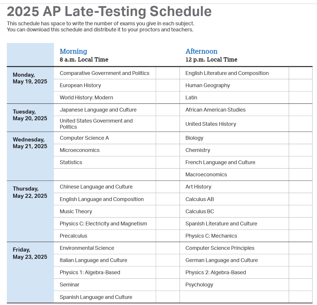 2025 AP Late-Testing Schedule
