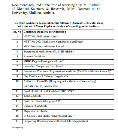 Documents Required for PG Admission at Sree Balaji Medical College Chennai