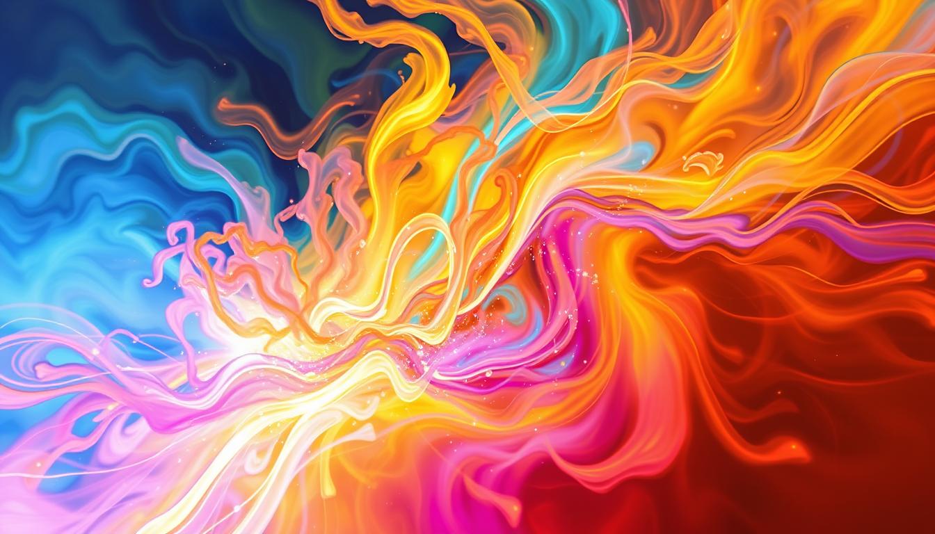 An image of swirling energy with vibrant colors, representing the powerful vibrations of positive affirmations. Imagine a torrent of energy flowing through the image, filling it with a burst of light and positive energy. This energy should feel electric and alive, with dynamic movement and intensity that captures the passion and excitement of manifesting your desires quickly. The colors should be bright and vivid, capturing the energetic frequencies of each affirmation. The overall effect should be one of joy, inspiration, and high-vibration energy that uplifts the viewer and encourages them to stay focused on their goals.