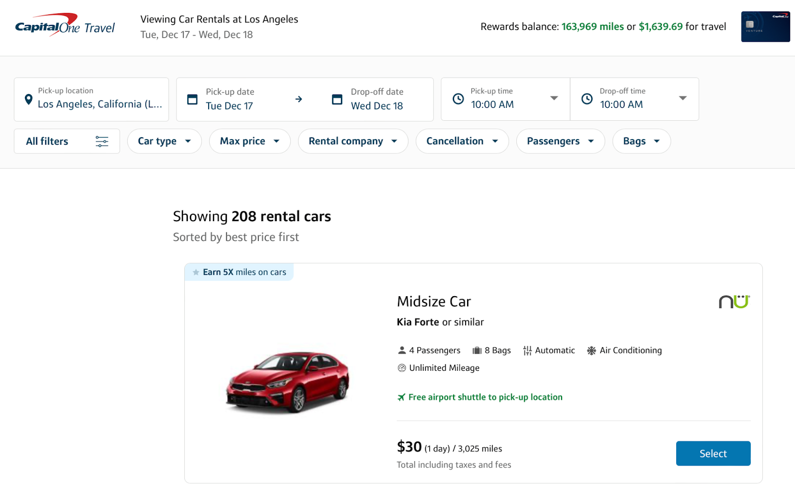 car rental filters on capital one