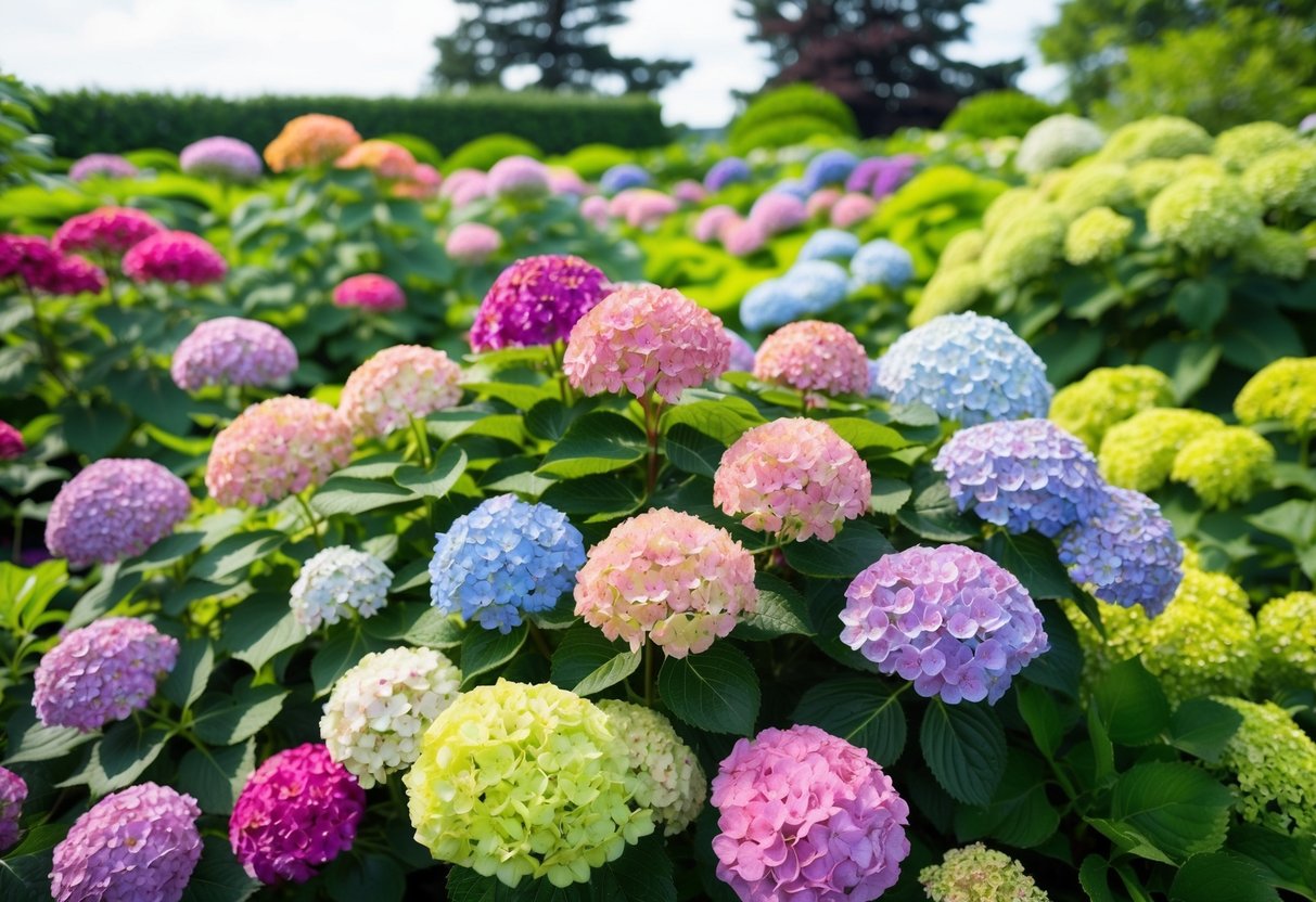 A lush garden filled with hydrangeas of various colors and sizes, creating a beautiful and versatile landscape