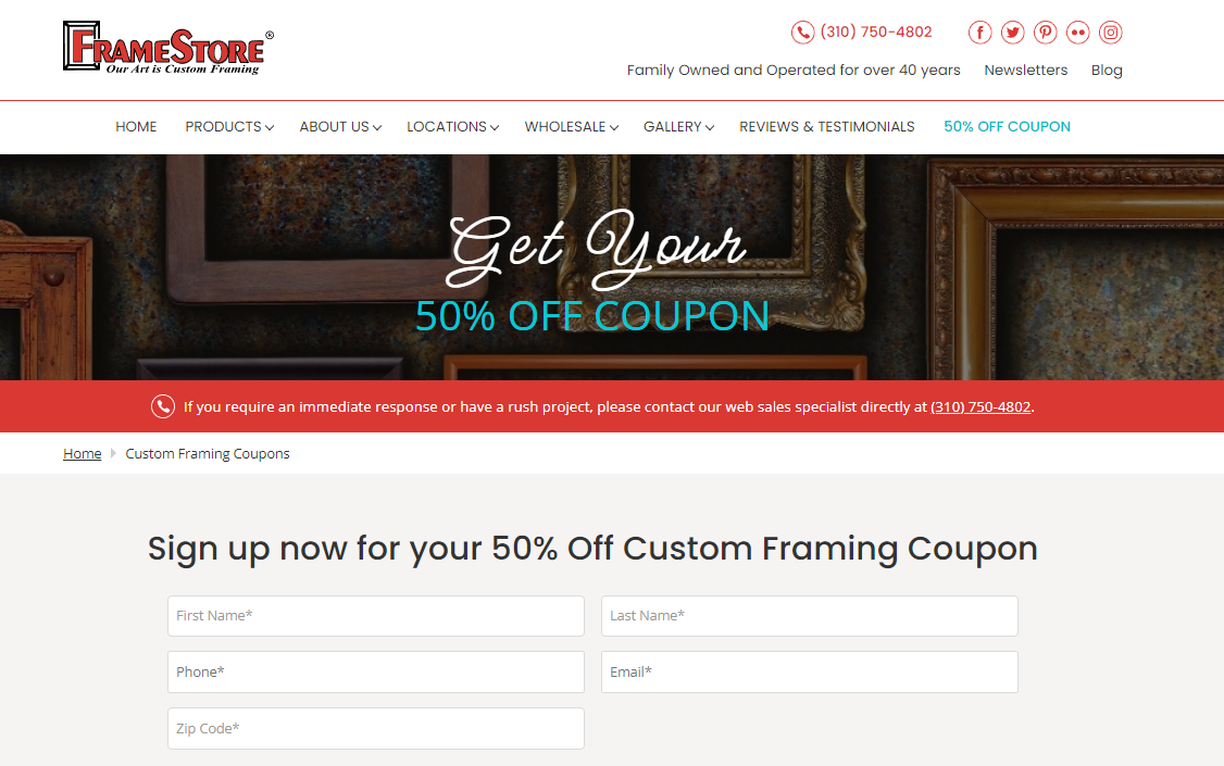 screenshot of Custom Frame Shop’s coupon offer