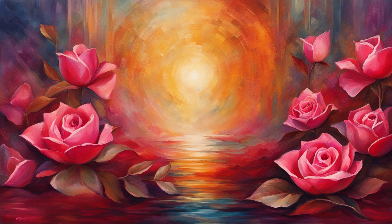 An image that depicts the process of manifesting love through a clear and focused mindset. Show a person meditating or visualizing their ideal partner with a sense of calm and confidence. Incorporate symbols of love, such as hearts or roses, to convey the intended message. Use warm and inviting colors like pink, red, and gold to evoke feelings of love and attraction. Experiment with different textures and patterns to add depth and richness to the image.