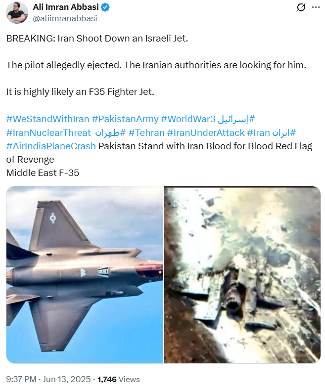 Iran Shoot Down an Israeli Jet. The pilot allegedly ejected within Iranian territory. The authorities are looking for him. Looks like an F35 Fighter Jet.