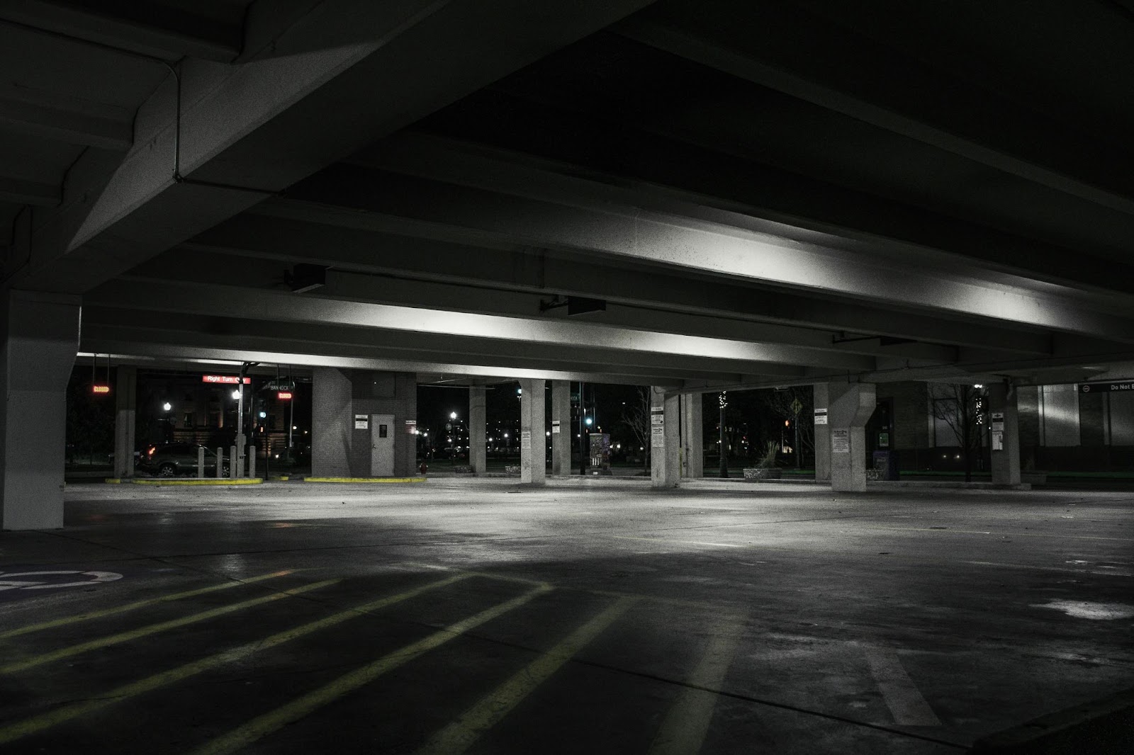 A dark parking lot